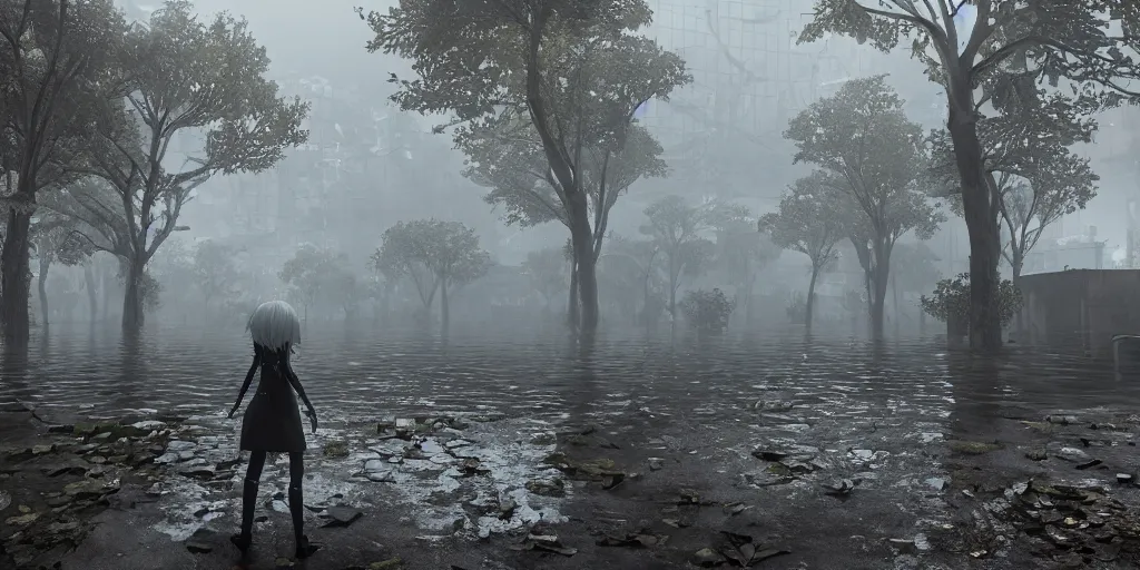 Prompt: nier automata yorha type 2 b walking in post apocalyptic flooded city, city ruins rainy melancholy day, lots of trees, dense vegetation, unreal engine, cryengine, epic engine, volumetric lighting, ray tracing, rtx on, exposure, god rays, overcast, ambient lighting, blooming flowers, 3 d render, cinematic, subtle, moderate saturation