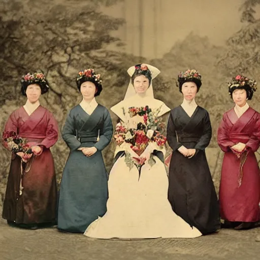 Prompt: a wide full shot, colored russian and japanese mix historical fantasy of a photograph taken of the royal bridesmaids, photographic portrait, warm lighting, 1 9 0 7 photo from the official wedding photographer for the royal wedding.