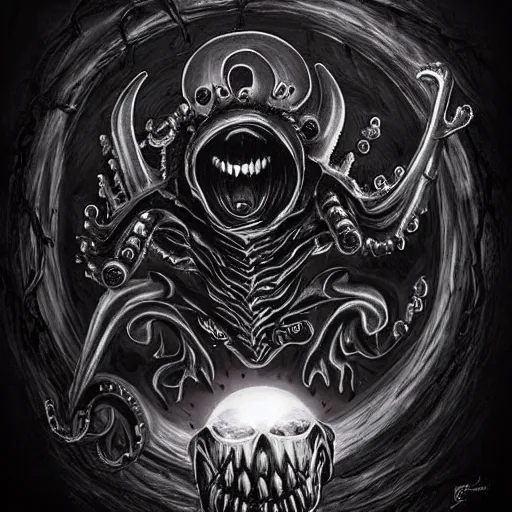 Image similar to lovecraftian biomechanical dark stygian vortex with screaming souls, evil eclipse, black sun by paolo girardi