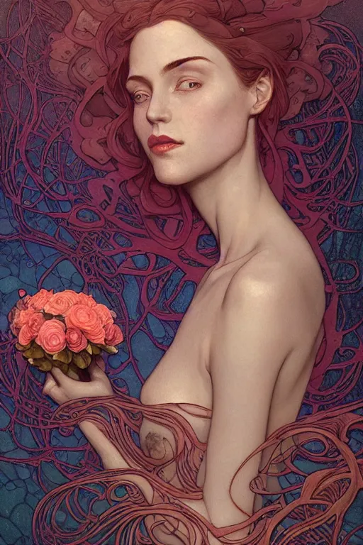 Image similar to portrait of a beautiful mysterious woman underwater, hidden hands holding a bouquet of flowers, corals and fish, by eve ventrue, michael carson, andreas rochas, john watkiss, casey weldon, artgerm. art nouveau. tarot card by mucha. gloomhaven. swirly intricate linework background. gaudy colors, sharp edges. octane render