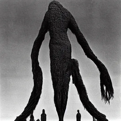 Image similar to vintage photography of A long 100 armed faceless beast-god, a huge body covered with deep furs by Zdzisław Beksiński, dark fantasy, detaling,