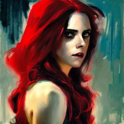 Prompt: alison brie as kristen stewart as iron scarlet witch, intricate, elegant, highly detailed, greg manchess, mucha, liepke, ruan jia, jeffrey catherine jones, ridley scott