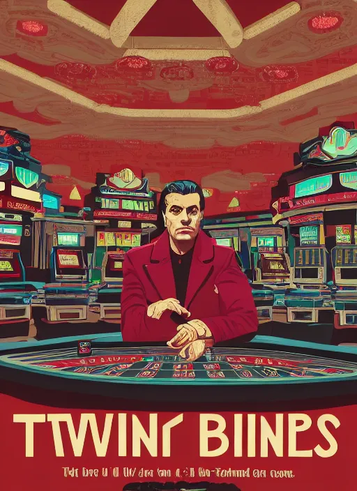 Prompt: Twin Peaks art, of Oscar Isaac in The Card Counter visiting the casino in Twin Peaks poster artwork by Tomer Hanuka, Sam Weber, Laurent Durieux, Katherine Lam from scene from Twin Peaks, from scene from Twin Peaks, clean, New Yorker magazine cover