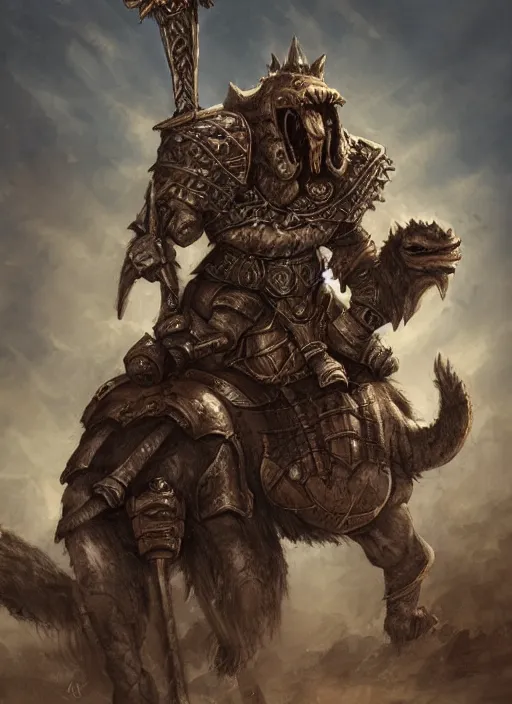 Prompt: Gnoll, metal armor, holding a lance, riding a camel, facing the camera, D&D, fantasy, digital art, realistic, artstation