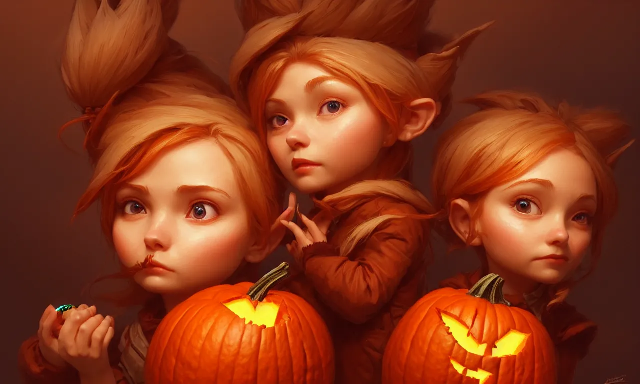 Image similar to hand drawn cute one gnomes face in autumn and pumpkin, detailed closeup face, concept art, low angle, high detail, warm lighting, volumetric, godrays, vivid, beautiful, trending on artstation, art by artgerm and greg rutkowski and alphonse mucha