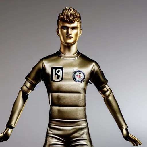 Image similar to a realistic detailed photo of a guy who is an attractive humanoid who is half robot and half humanoid, who is a male android, soccer player timo werner, shiny skin, posing like a statue, blank stare, in a living room, on display, showing off his muscles, gold soccer shorts