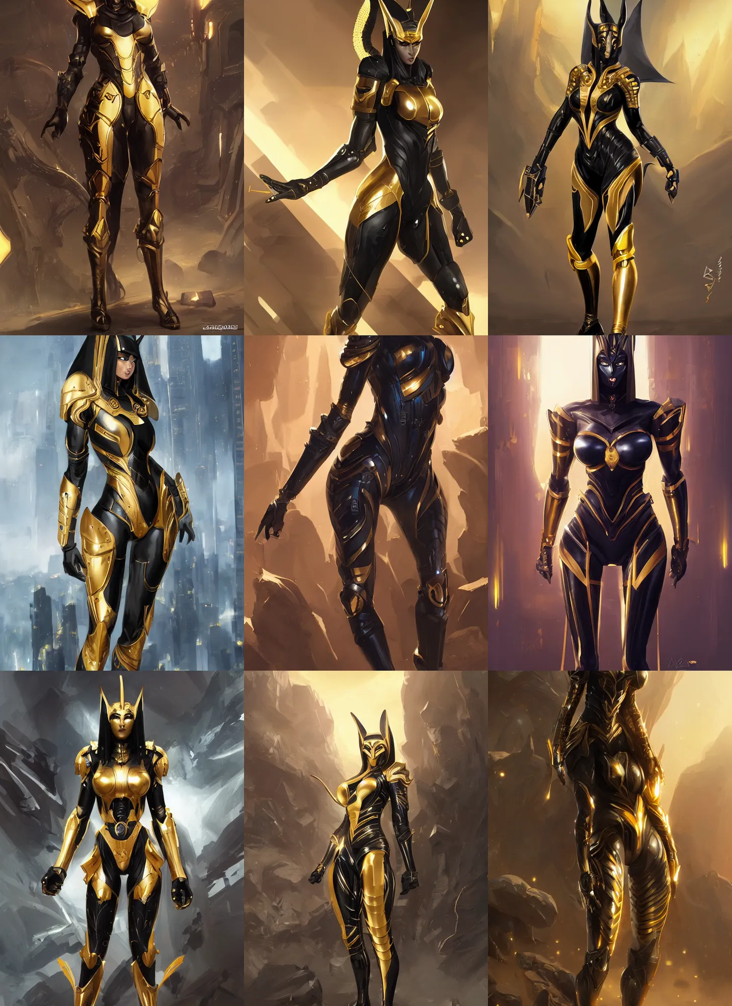 Prompt: female anubis wearing black and gold cybertech armor, buxom, wide hips, character art by stanley artgerm lau, wlop, rossdraws, james jean, andrei riabovitchev, marc simonetti, and sakimichan, trending on artstation