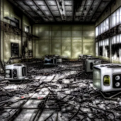 Image similar to abandoned robot factory, closed circuit tv