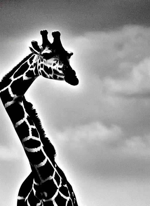 Image similar to two giraffe black and white portrait white sky in background