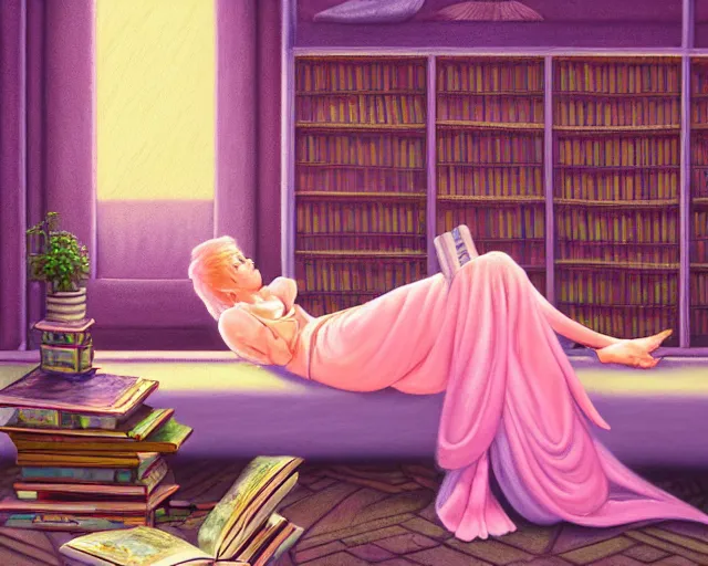 Prompt: a pastel painting of a woman wizard lounging on a purpur pillow on the marbled checkered floor in front of her bookcase in a library, reading an ancient tome. to the side is a potted plant, candlelit raytracing. ancient retrofuturistic fantasy setting. 4 k key art. by yoshitaka amano and mark tedin