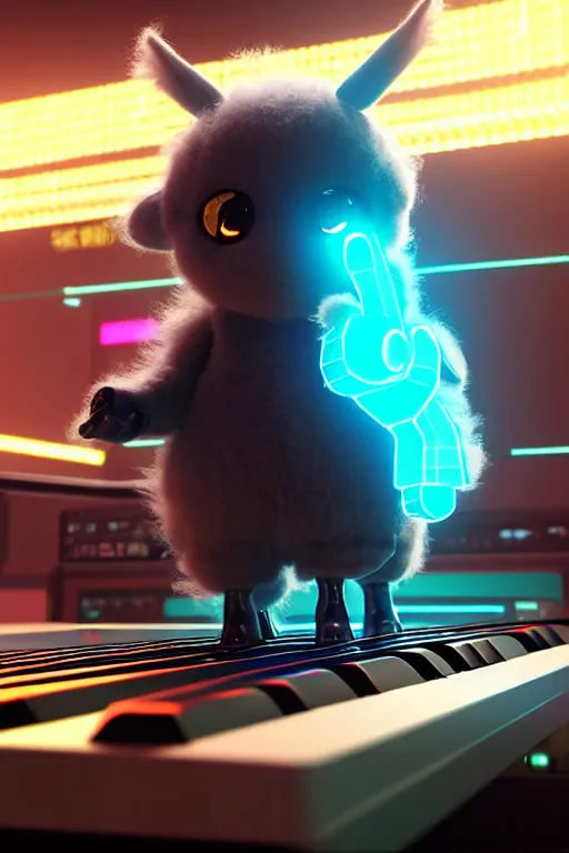 Image similar to high quality 3 d render very cute neuromancer fluffy! cyborg cow playing! keyboard!!, highly detailed, unreal engine cinematic smooth, in the style of blade runner & detective pikachu, hannah yata charlie immer, moody light, low angle, uhd 8 k, sharp focus