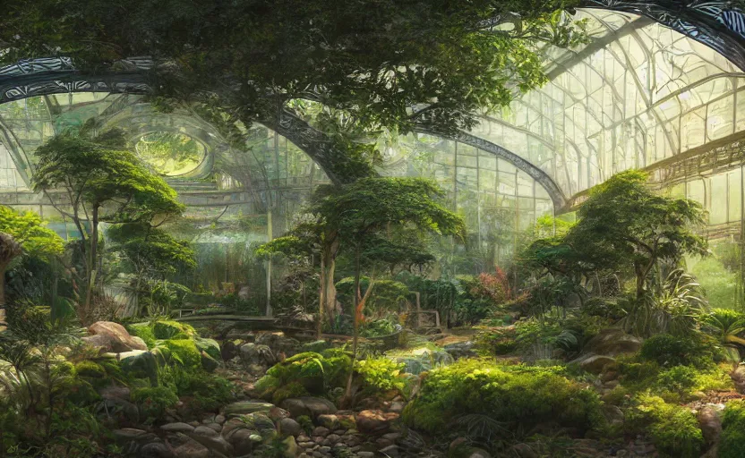 Image similar to sport terrain, japanese garden around, jungle, greenhouse, sunrays, bay window, indoor, highly detailed, digital painting, artstation, art nouveau, concept art, sharp focus, illustration