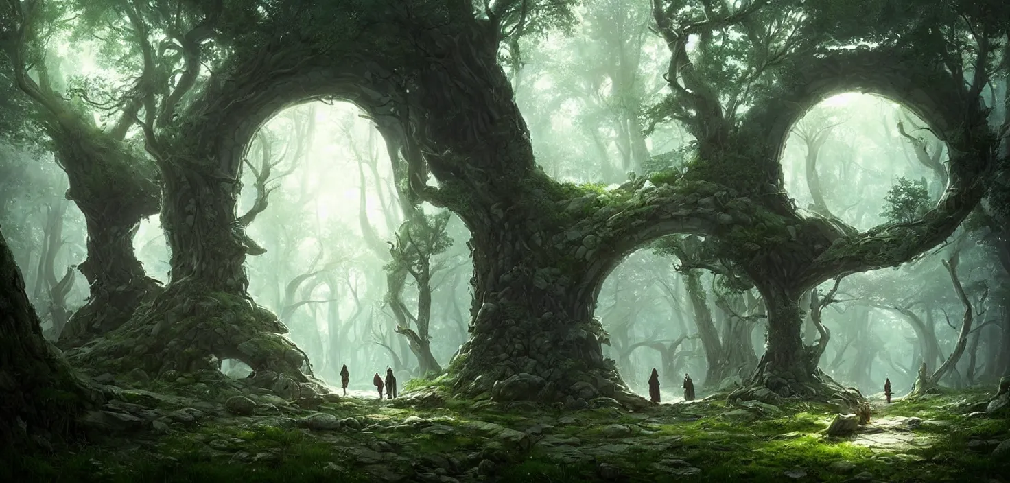 Image similar to fantasy magical fairytale portal in the forest round stone portal teleport in trees to other worlds fantastic landscape, by greg rutkowski