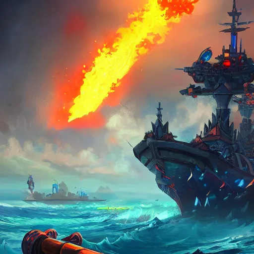 Image similar to arcane - style giant battleship, fire cannons, fire cannons. spear and axes, blue sea waves background, bright art masterpiece artstation. 8 k, sharp high quality artwork, concept art by tooth wu, blizzard warcraft artwork, hearthstone card artwork