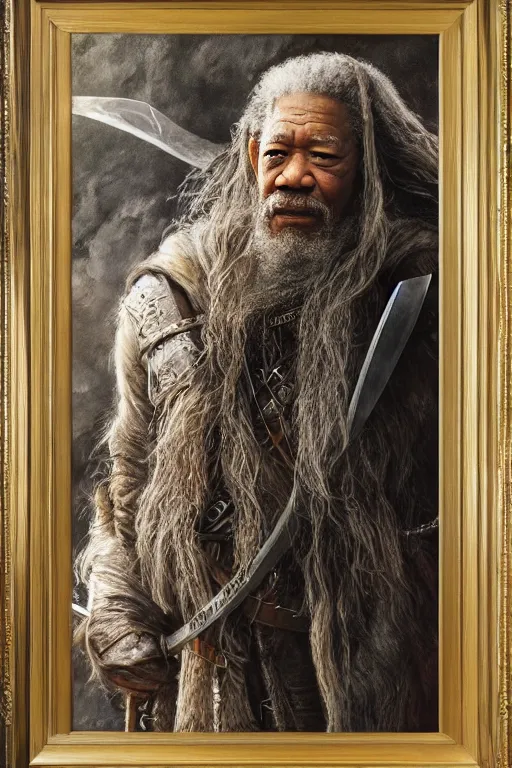 Prompt: morgan freeman starring as gimli in lord of the rings, full body, oil on canvas, intricate, 8 k highly professionally detailed, hdr, cgsociety