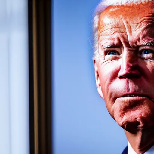 Image similar to zoomed out photo of joe biden with red eyes staring through a window in the middle of the night, horror dark setting