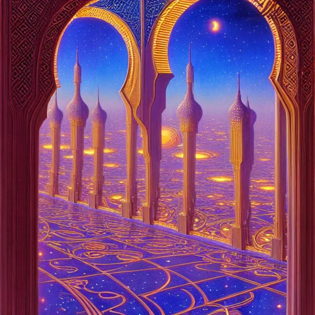 Prompt: the gates of heaven, beautiful delicacy, flowing arab art nouveau architecture, in space, repeating patterns, tim hildebrandt, wayne barlowe, bruce pennington, donato giancola, trending on artstation, cinematic composition, beautiful lighting, hyper detailed, 8 k, oil on canvas