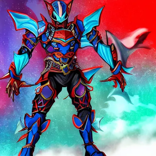Prompt: High Fantasy Dragon Kamen Rider, blue armor with red secondary color, 4k, glowing eyes, daytime, chainmail under armor, rubber suit, dragon inspired armor
