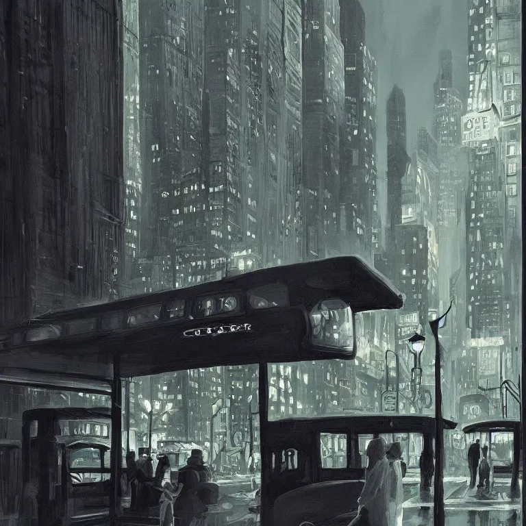 Image similar to dark city bus stop, the new yorker cover, very detailed,ArtStation