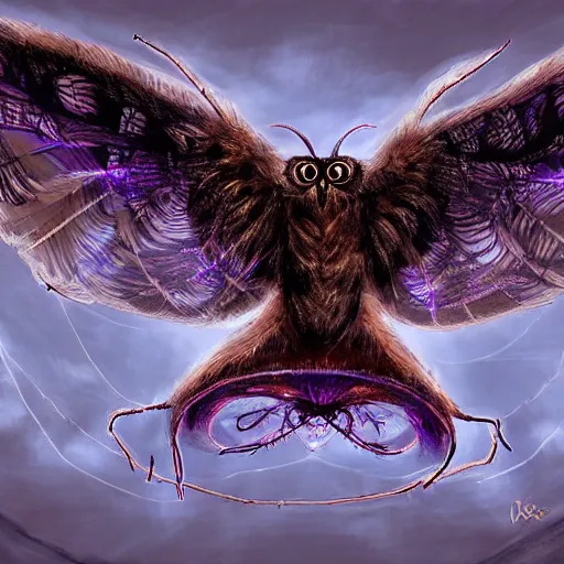 Image similar to moth owl hybrid chimera creature, flying between trees, high quality digital art, dreamy atmosphere, dramatic lighting