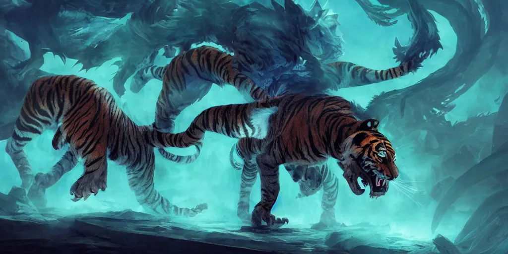 Image similar to Ghostly tiger creature made out of turquoise energy character design sheet, Monster Hunter Illustrations art book, Bright sparks, claws, huge sabertooth fangs, Moebius, Greg Rutkowski, Zabrocki, Karlkka, Jayison Devadas, Phuoc Quan, trending on Artstation, 8K, ultra wide angle, zenith view, pincushion lens effect.