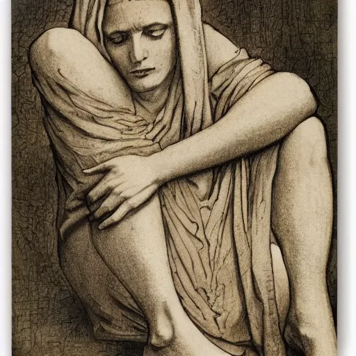 Image similar to A beautiful print. Her cell is as bare as mine. She is sitting in the middle, hugging her knees, wrapped in a toga-like garment. by Austin Osman Spare natural