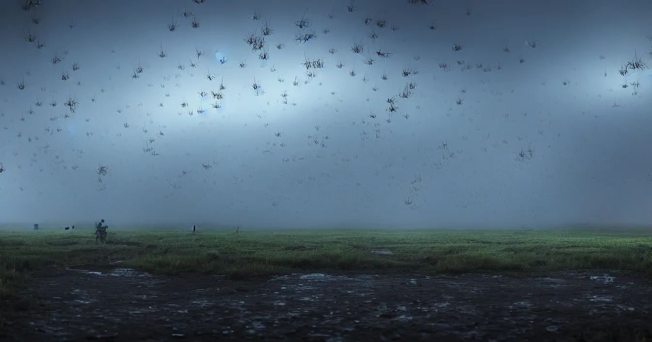 Prompt: hyperrealistic painting of wide battleground landscape, with army of transparent translucent insects fighting hardly futuristic human army, night, heavy rain, reflections, raytracing, raymarching, scattering, subsurface, full of reflections, volumetric fog light, dark and dramatic composition, deep depth, defocus, rendered in vray, raytracing, raymarching