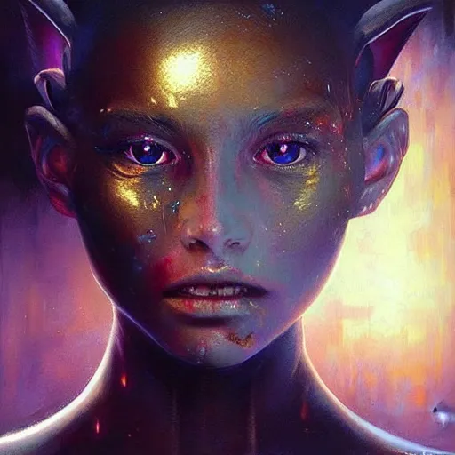 Image similar to a hyperrealistic acrylic on canvas portrait painting of a beautiful alien priestess by Greg Rutkowski, Artgerm and Beksinski. Epic fantasy art. Golden ratio.