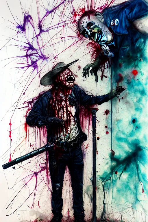 Prompt: zombie policeman beating up a gang member with his baton by agnes cecile, enki bilal, brian froud, bernie wrightson, intricated details, 3 / 4 view, full body portrait, extremely luminous bright design, horror, pastel colours, toxic drips, autumn lights