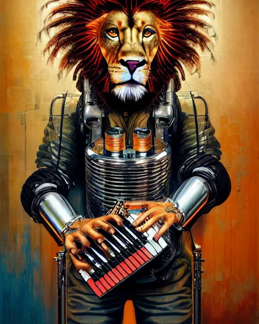 Prompt: a portrait of an anthropomorphic cyberpunk lion playing congas by sandra chevrier, by jon foster, detailed render, tape deck, epic composition, cybernetics, 4 k realistic, cryengine, realistic shaded lighting, sharp focus, masterpiece, by enki bilal