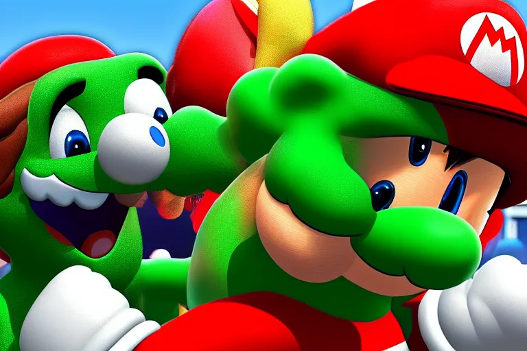 Image similar to a photo of mario punching yoshi in the face, photorealistic, 8 k