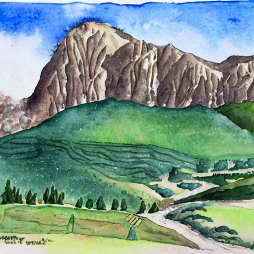 Prompt: landscape art done in watercolor style, alpine valley with ancient ruins below n -9