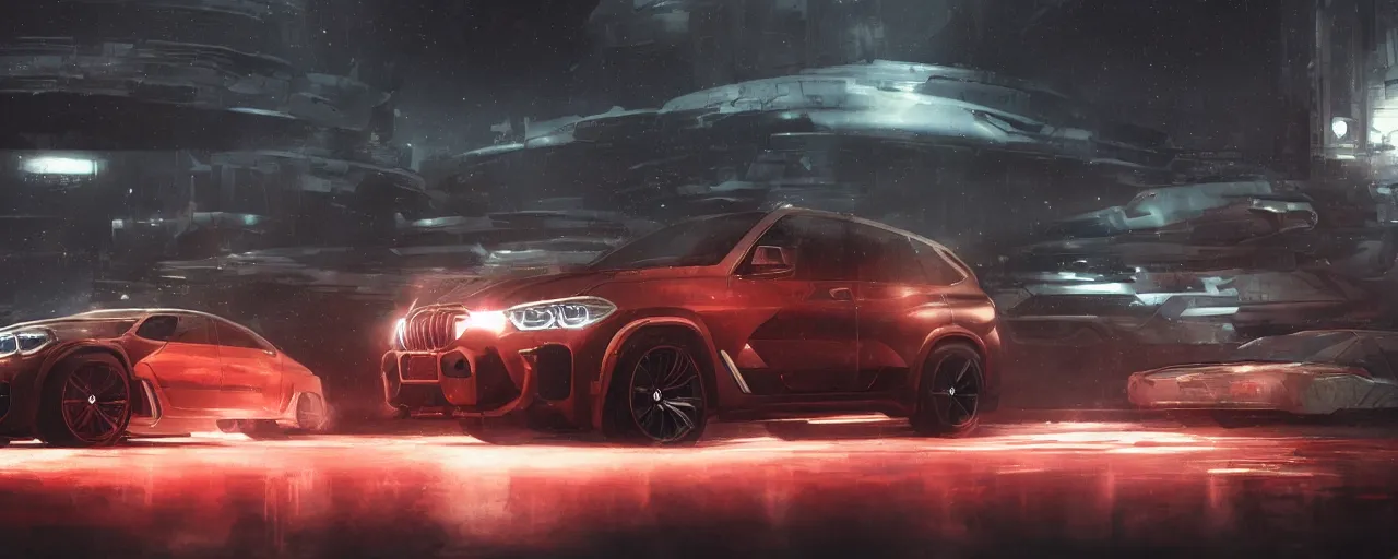 Prompt: scifi futuristic bmw x 5, scifi environment, white glow, red glow, ultra realistic, highly detailed, futuristic landscape, industrial, city, atmosphere, highlighted, cinematic, art by jan urschel and neil blevins