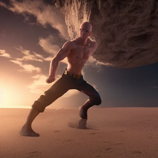 Image similar to onepunchman in sand beach look at me, pixiv, instagram photo, 8 k, octane render, unreal engine 5, cinematic, full hd, ultra realistic, ultra detailed, 8 k 3 d