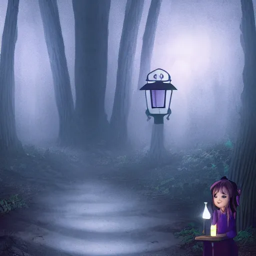 Image similar to in a dark forest, a small girl with a lantern finds a path leading to a strange castle.