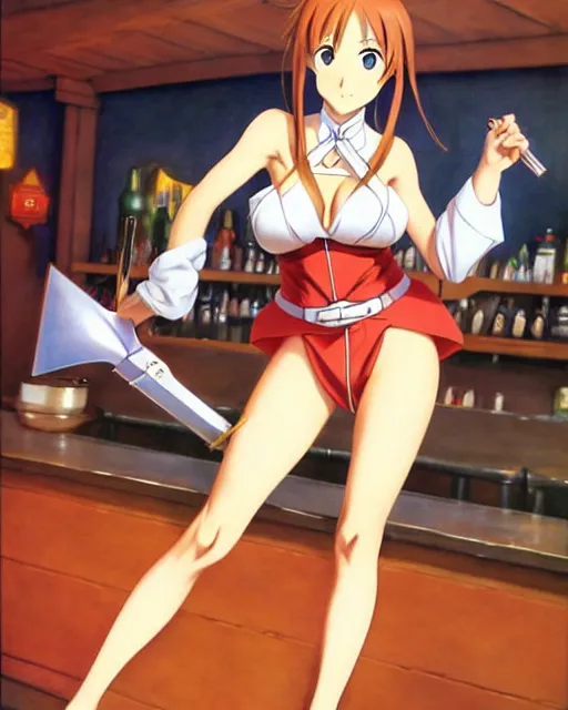 Image similar to pinup photo of asuna from sao in the crowded pub, asuna by a - 1 pictures, by jean giraud, kezie demessance, gil elvgren, james jean, enoch bolles, glossy skin, pearlescent, anime, very coherent, sao style anime, flat, long shot