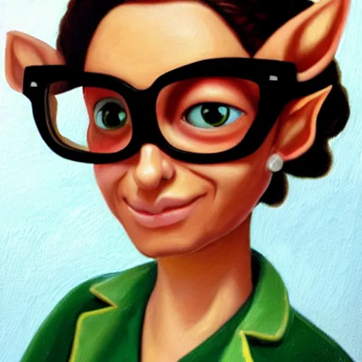 Prompt: a hispanic elf woman, she is wearing round circular glasses, suit pants and shirt and a lab coat, fizzy brown hair tied back with a scrunchy, she has a small turtle in her hand, nerdy. library setting, oil painting, fantasy.