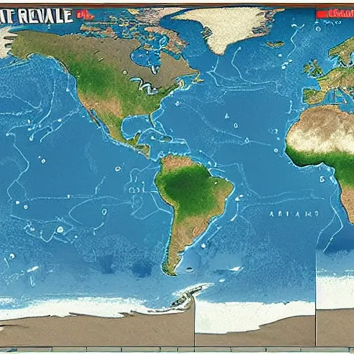 Image similar to a map of the world where the sea level has risen 100 meters