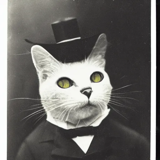 Image similar to a yellow cat with a top hat and a monocle, vintage photo