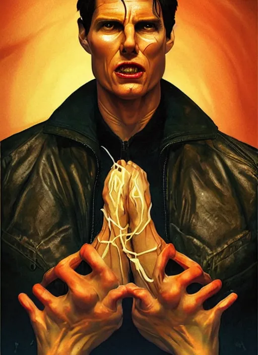 Image similar to poster artwork by Michael Whelan and Tomer Hanuka, Karol Bak of Tom Cruise possessed by the evil BOB, feeding on his insecurities and pain, making him confident and commit unspeakable acts, from scene from Twin Peaks, clean