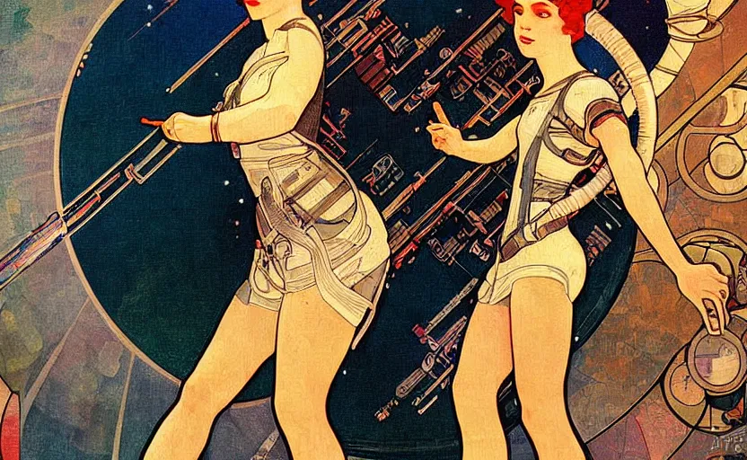 Prompt: insane detail textured art deco painting of astronaut full body, beautiful painting by mucha and kuvshinov