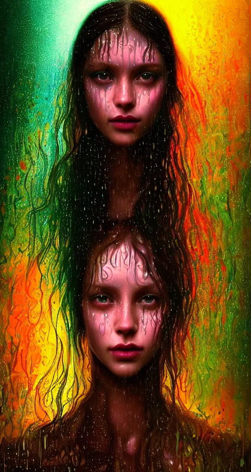 Image similar to portrait of a girl in psychedelic LSD rain with wet hair and face, fantasy, intricate, elegant, dramatic lighting, emotionally evoking symbolic metaphor, highly detailed, lifelike, photorealistic, digital painting, artstation, concept art, smooth, sharp focus, illustration, art by John Collier and Albert Aublet and Krenz Cushart and Artem Demura and Alphonse Mucha