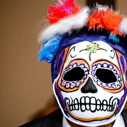 Image similar to donald trump wearing a dia de los muertos mask