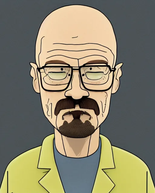 Image similar to portrait of walter white in the style of justin roiland. heisenberg from breaking bad. cinematic lighting. style of rick & morty. photographic, photography. by justin roiland