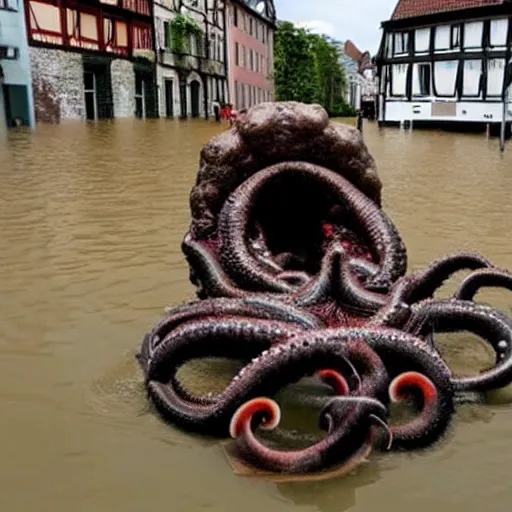 Prompt: a weird unidentified creature with tentacles has been found in a flooded german town