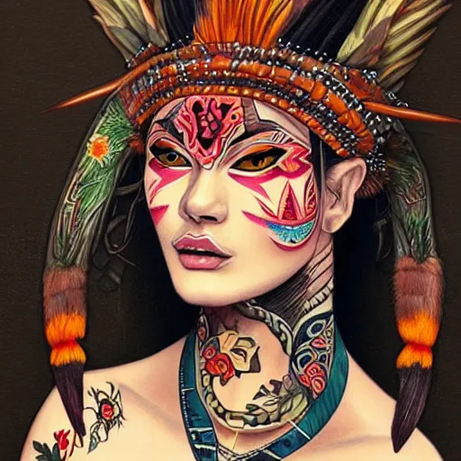 Prompt: painting of beautiful woman, shaman, shamanic atmo, artstation, yakuza tattoo