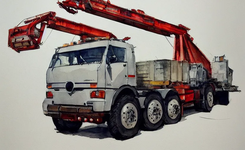 Image similar to concept art of a crane truck, pinterest, artstation trending, behance, watercolor, by coby whitmore, silver, laser light,