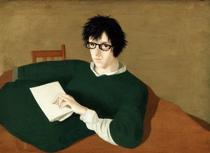 Prompt: portrait of a shaggy black haired teenager with glasses dark green sweater with a black laptop computer, full body, Renaissance painting, ultra detailed, high resolution, masterpiece