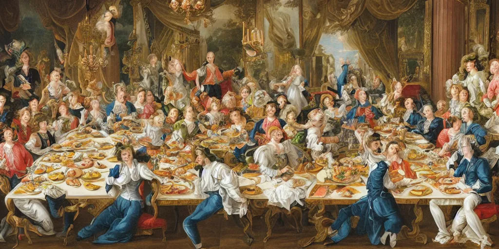 Image similar to rococo style drawing of work colleagues of a design studio get together to feast on a big table with lots of food