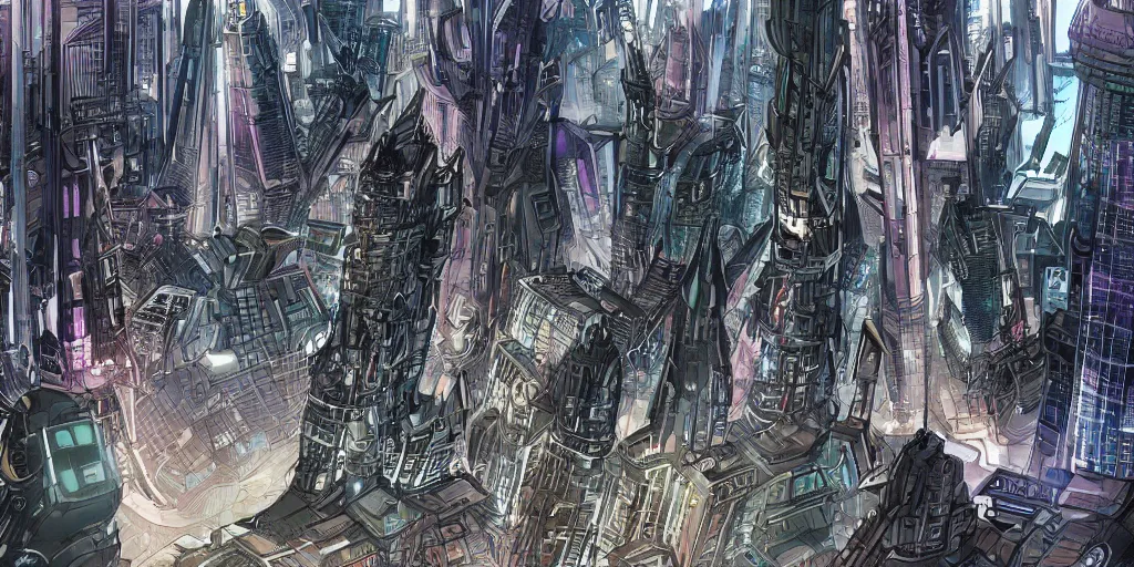 Prompt: futuristic city in style of mobius, comic art, highly detailed